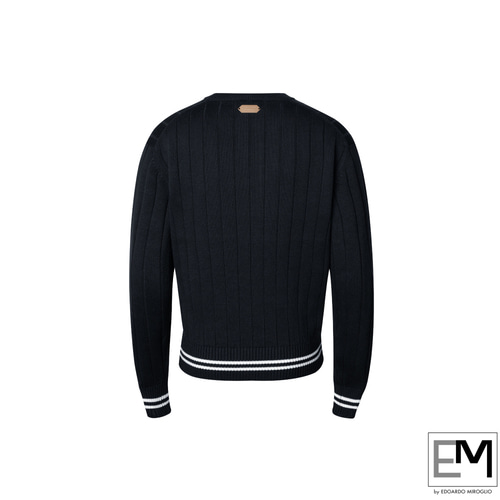 Italy E.Miroglio Yacht Collection Stripe Yacht Crew Neck Long Sleeve Knit [Black]